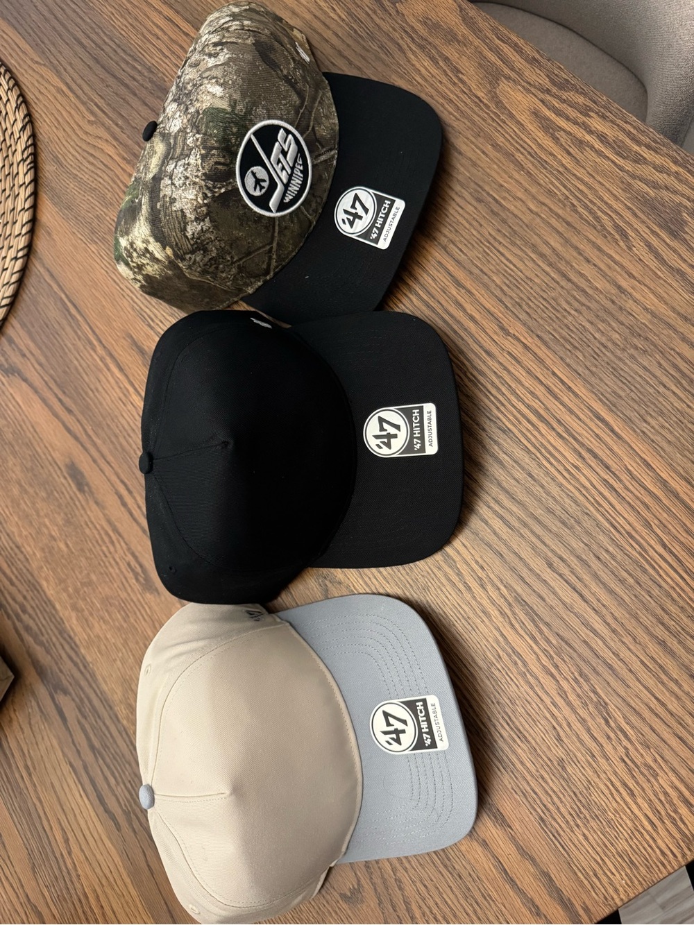 47 Three-Pack Men's Caps — Camo, Black, Tan with Gray Brims